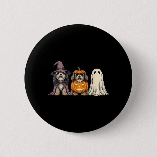 Badge Rond 5 Cm Fantôme effrayant Lhasa Apso Citrouille Halloween  (Devant)