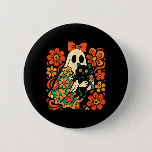 Badge Rond 5 Cm Fantôme effrayant tenant un chat noir floral groov