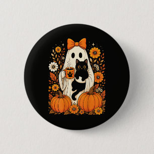 Badge Rond 5 Cm Fantôme groovy d'Halloween tenant un chat noir flo
