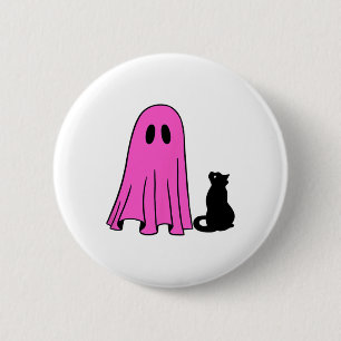 Badge Rond 5 Cm Fantôme Rose Et Chat Noir Halloween Saison Automne