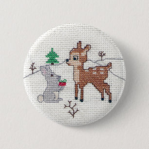 Badge Rond 5 Cm Faon de neige et point croisé de lapin