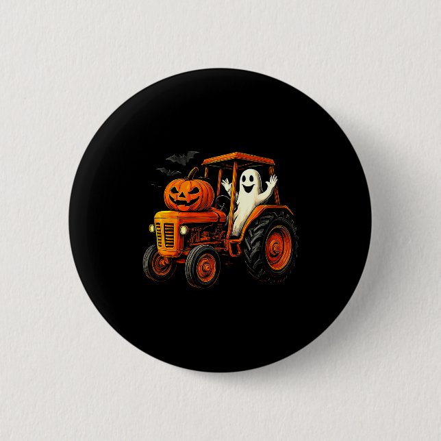 Badge Rond 5 Cm Farmer Ghost Tractor Pumpkin Soky Season Halloween (Devant)
