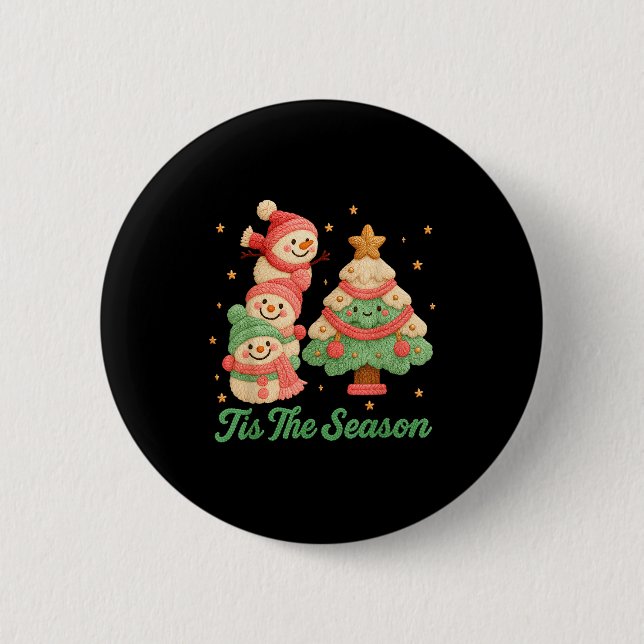 Badge Rond 5 Cm Faux Yarn Crochet Snowman And Christmas Tree  (Devant)