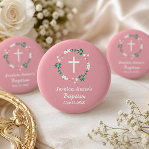 Badge Rond 5 Cm Favori de baptême à croix florale rose poudrée bla