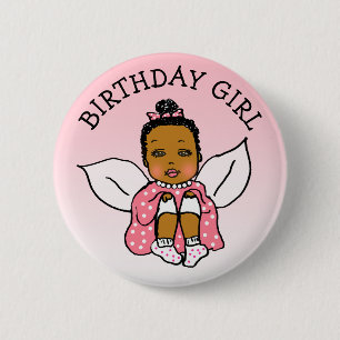 Badge Rond 5 Cm Fée afro-américaine corail pour fille d'anniversai