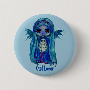 Badge Rond 5 Cm Fée de chouette avec hivernage de hibou neigeux