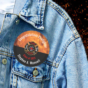 Badge Rond 5 Cm Félicitations Classe Flames de pompiers   Nom