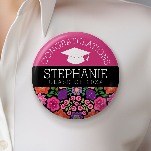 Badge Rond 5 Cm Félicitations Fleurs Féminines de Diplômé pour la  (Custom Button)