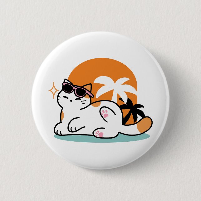 Badge Rond 5 Cm Feline fin au soleil - Chat Tropical relaxé (Devant)