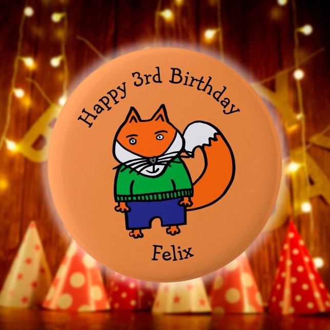Badge Rond 5 Cm Félix le renard Joyeux Anniversaire personnalisé (Personalized Felix the Fox Happy Birthday Pinback Button)