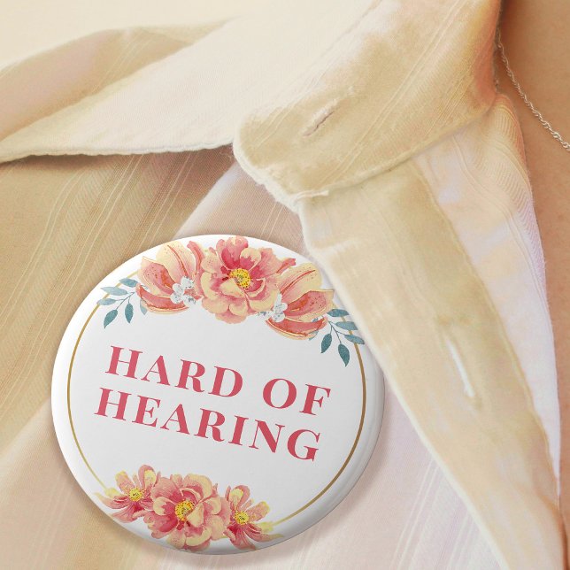 Badge Rond 5 Cm Féminin Rose Orange Floral Malentendant (Feminine Orange Rose Floral Hard of Hearing Button)