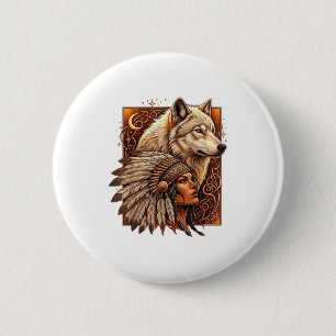 Badge Rond 5 Cm Femme amérindienne indienne avec Vitag loup blanc