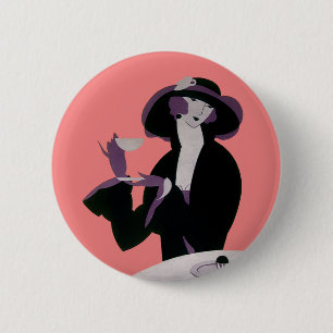 Badge Rond 5 Cm Femme Art Déco Vintage, Thé de l'après-midi et Gât