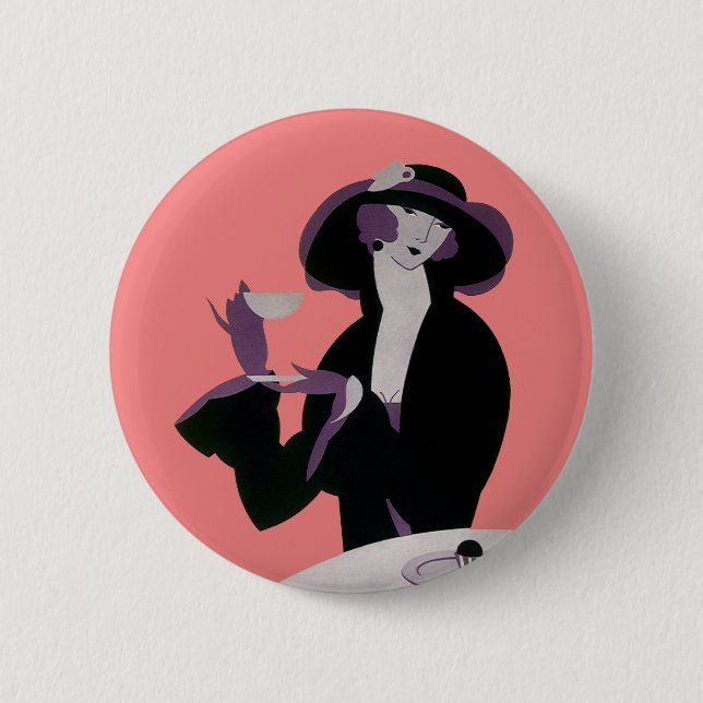 Badge Rond 5 Cm Femme Art Déco Vintage, Thé de l'après-midi et Gât (Devant)