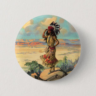 Badge Rond 5 Cm Femme Autochtone Américaine Vintage avec Coiffe Ar