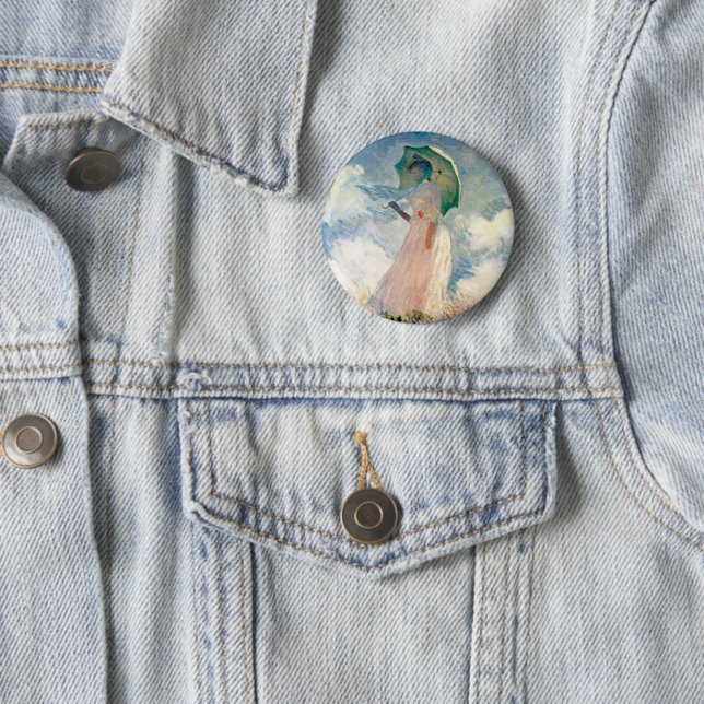 Badge Rond 5 Cm Femme avec Parasol Claude Monet Art Vintage (En situation)