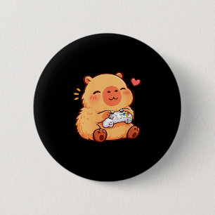 Badge Rond 5 Cm Femme capybara kawaii anime jouant à des jeux vidé