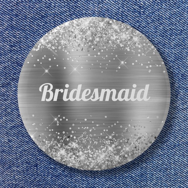 Badge Rond 5 Cm Femme d'honneur Glitter Silver Foil (Glittery Silver Foil Bridesmaid Button)