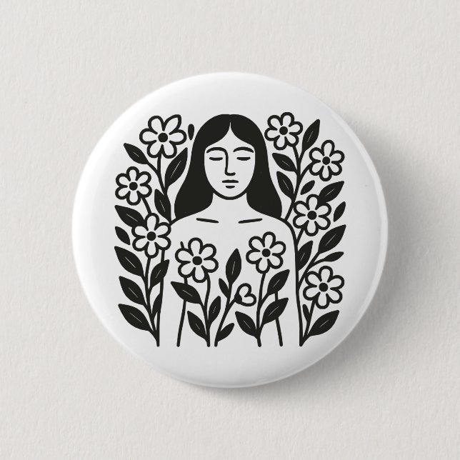 Badge Rond 5 Cm Femme Et Fleurs (Devant)