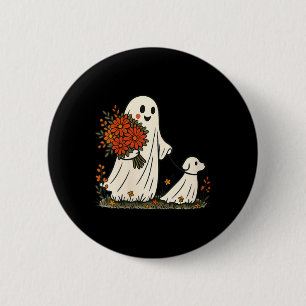 Badge Rond 5 Cm Femme fantôme promenant son chien Halloween drôle