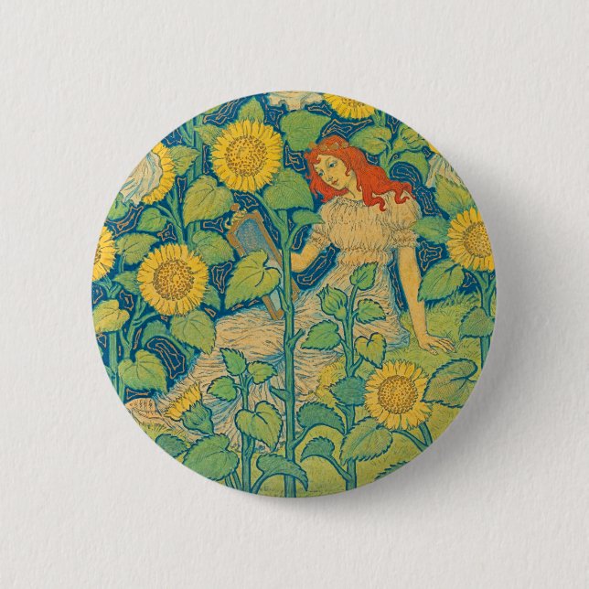 Badge Rond 5 Cm Femme-fille de fleurs dans le jardin de tournesol (Devant)