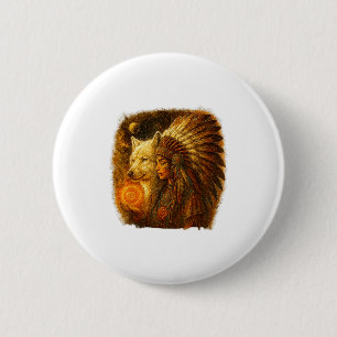 Badge Rond 5 Cm Femme indienne amérindienne avec loup blanc Vitag