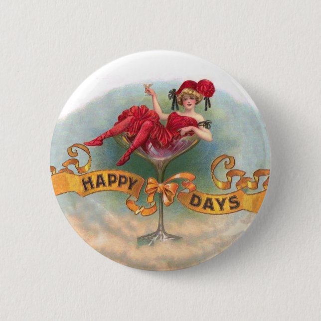 Badge Rond 5 Cm Femme victorienne Champagne Rouge Happy (Devant)