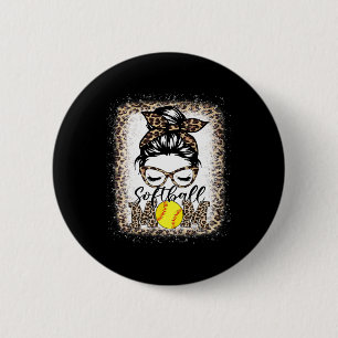 Badge Rond 5 Cm Femmes Softball Maman Boy Leopard Messy Bun Baseba