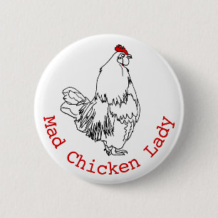 Badge Rond 5 Cm Ferme drôle de la Dame Poulet Folle Dessin d'Art d