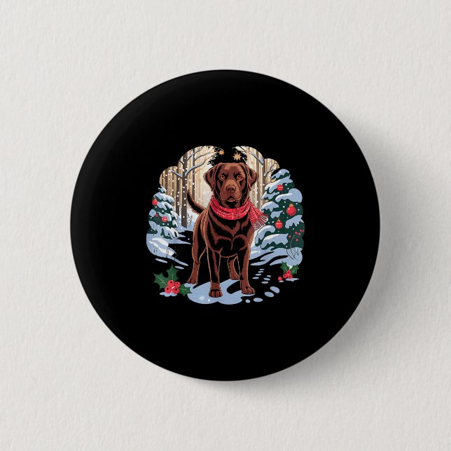 Badge Rond 5 Cm Festive Chocolate Lab In Snowy Forest Winter Xmas  (Devant)