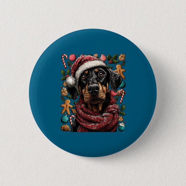 Badge Rond 5 Cm Festive Doberman With Santa Hat Snowy Winter Chris (Devant)