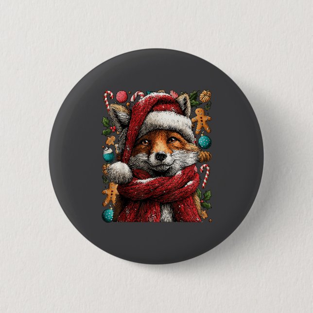 Badge Rond 5 Cm Festive Fox With Snow Santa Hat Winter Christmas A (Devant)