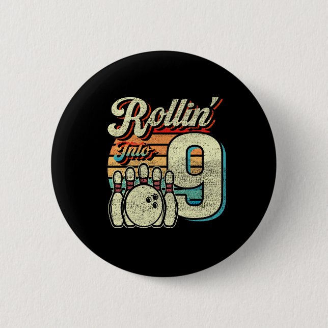 Badge Rond 5 Cm Fête d'anniversaire de bowling pour 9 ans (Devant)
