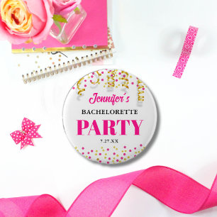 Badge Rond 5 Cm Fête de Bachelorette Rose Chaud et Points Dorés Ch