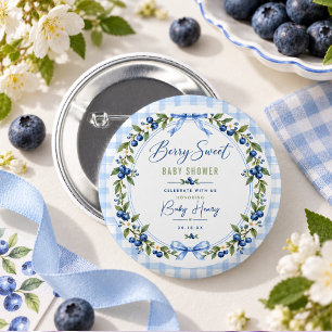 Badge Rond 5 Cm Fête de bébé Berry Sweet Gingham bleu Myrtille