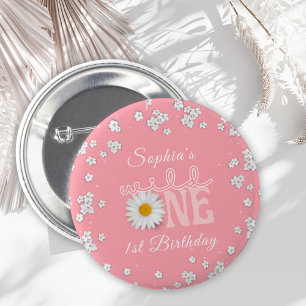 Badge Rond 5 Cm Fête des un an Pink Daisy Wild One
