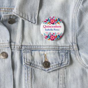 Badge Rond 5 Cm Fête mexicaine colorée et florale de Quinceanera