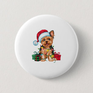 Badge Rond 5 Cm Feu de Noël Éclairage Santa Chapeau Yorkie Chien N