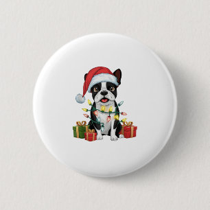 Badge Rond 5 Cm Feu de Noël Santa Hat Boston Terrier Chien Noël