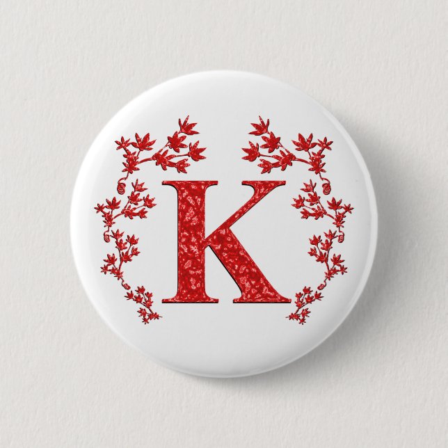 Badge Rond 5 Cm Feuille de rouge de la lettre K de monogramme (Devant)