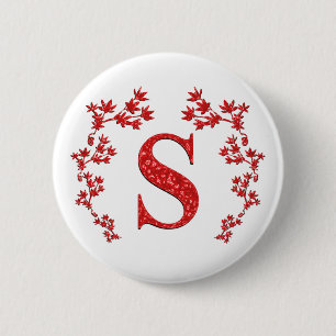 Badge Rond 5 Cm Feuille de rouge de la lettre S de monogramme