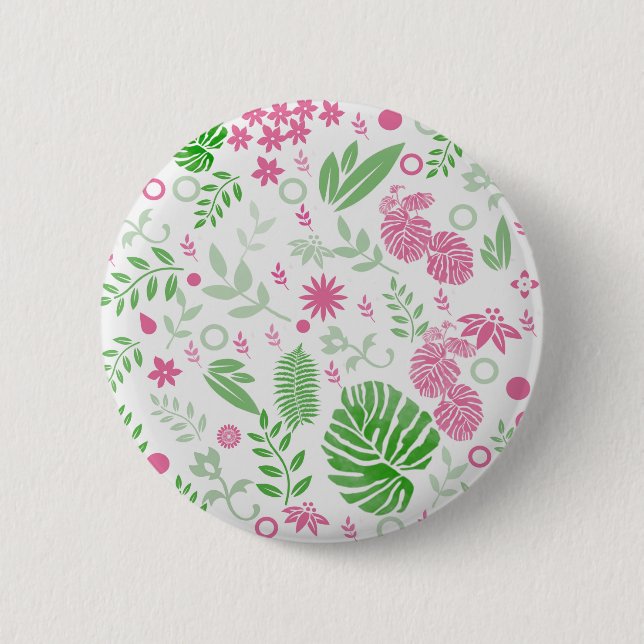 Badge Rond 5 Cm Feuilles et fleurs vertes et roses (Devant)