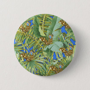 Badge Rond 5 Cm Feuilles Golden Peacock sur Cerulean Blue