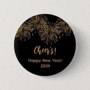 Badge Rond 5 Cm Feux d'artifice Or Noir Bonne Année Party