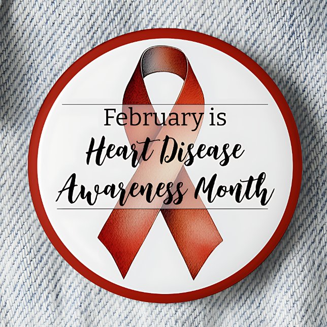Badge Rond 5 Cm Février Mois de sensibilisation aux maladies cardi (February is Heart Disease Awareness Month pinback button.  Red awareness ribbon.)