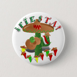 Badge Rond 5 Cm Fiesta Cactus avec Sombrero & Guitare