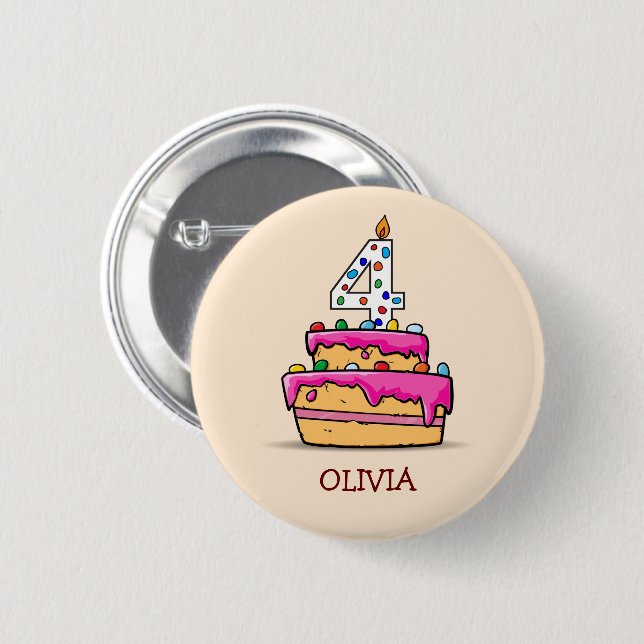 Badge Rond 5 Cm Fille 4e anniversaire, 4 sur Gâteau rose doux (Devant & derrière)