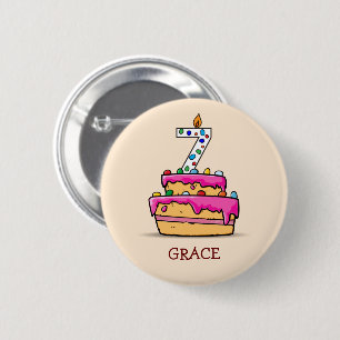 Badge Rond 5 Cm Fille 7e anniversaire, 7 sur Gâteau rose doux