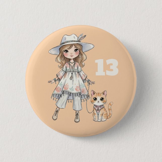 Badge Rond 5 Cm Fille à la mode se promenant avec son chat (Devant)