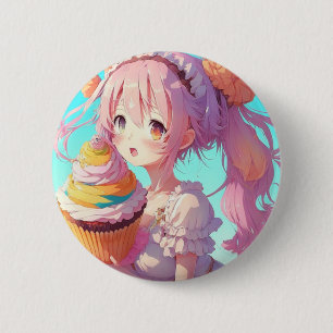Badge Rond 5 Cm Fille Anime avec Cupcake Whimsical